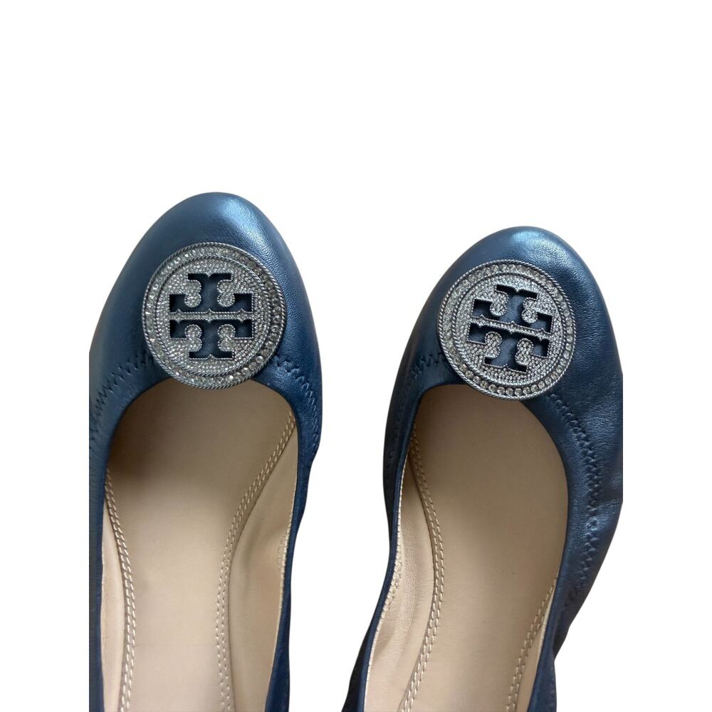 Tory Burch Liana Navy Napa Leather Ballet Flats Rhinestone Medallion Logo Sz 9 - Picture 5 of 12